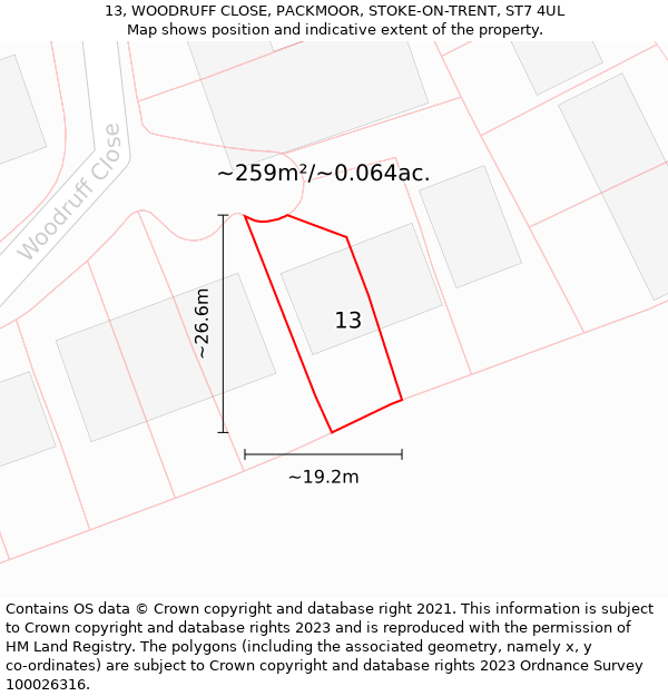 13, WOODRUFF CLOSE, PACKMOOR, STOKE-ON-TRENT, ST7 4UL: Plot and title map