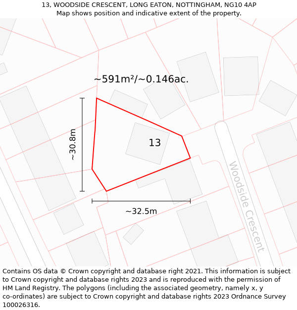 13, WOODSIDE CRESCENT, LONG EATON, NOTTINGHAM, NG10 4AP: Plot and title map