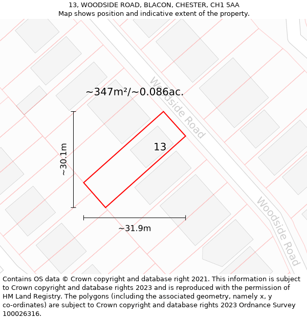 13, WOODSIDE ROAD, BLACON, CHESTER, CH1 5AA: Plot and title map