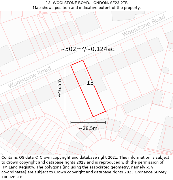 13, WOOLSTONE ROAD, LONDON, SE23 2TR: Plot and title map