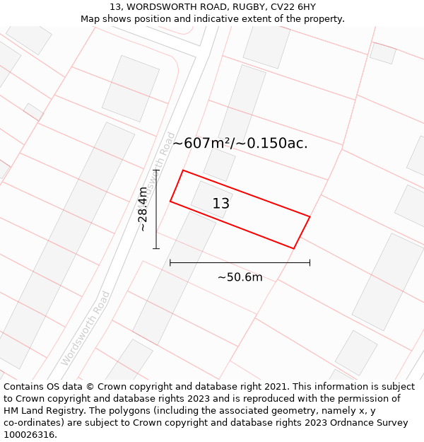 13, WORDSWORTH ROAD, RUGBY, CV22 6HY: Plot and title map