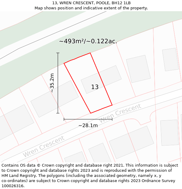 13, WREN CRESCENT, POOLE, BH12 1LB: Plot and title map