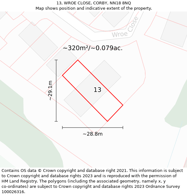 13, WROE CLOSE, CORBY, NN18 8NQ: Plot and title map