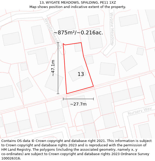 13, WYGATE MEADOWS, SPALDING, PE11 1XZ: Plot and title map