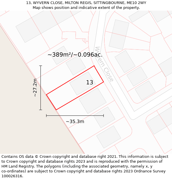 13, WYVERN CLOSE, MILTON REGIS, SITTINGBOURNE, ME10 2WY: Plot and title map