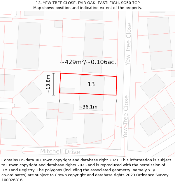 13, YEW TREE CLOSE, FAIR OAK, EASTLEIGH, SO50 7GP: Plot and title map
