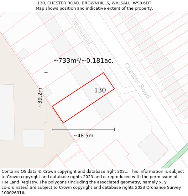 130, CHESTER ROAD, BROWNHILLS, WALSALL, WS8 6DT: Plot and title map
