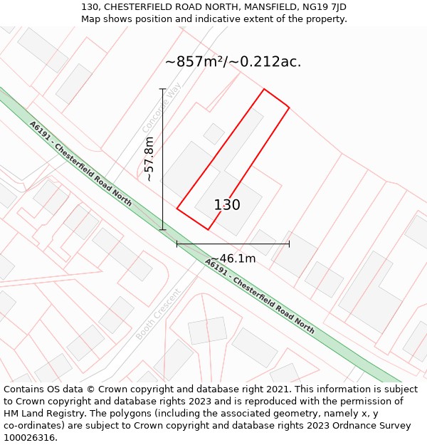 130, CHESTERFIELD ROAD NORTH, MANSFIELD, NG19 7JD: Plot and title map