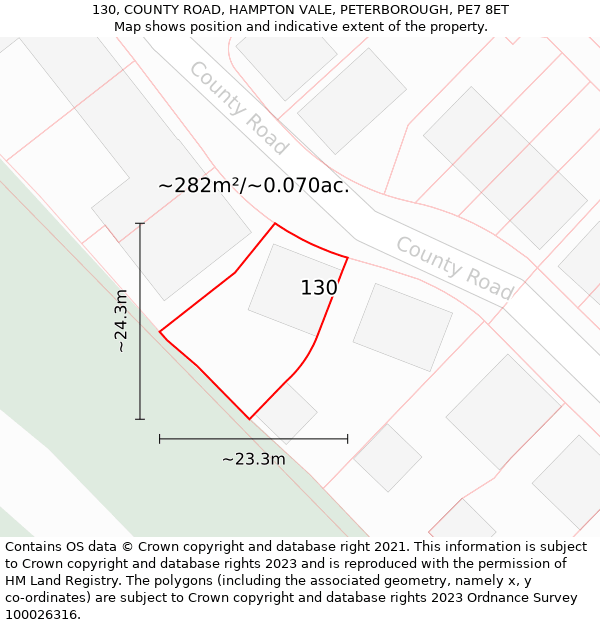 130, COUNTY ROAD, HAMPTON VALE, PETERBOROUGH, PE7 8ET: Plot and title map