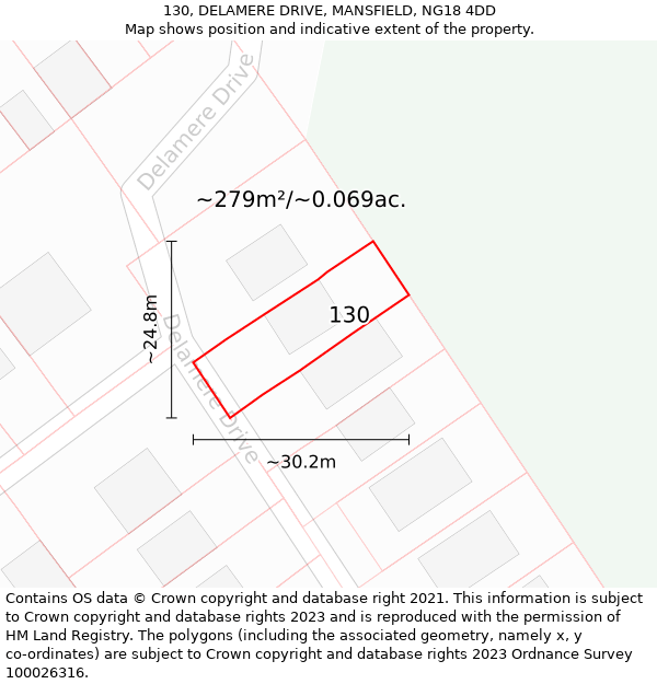 130, DELAMERE DRIVE, MANSFIELD, NG18 4DD: Plot and title map