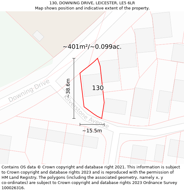 130, DOWNING DRIVE, LEICESTER, LE5 6LR: Plot and title map