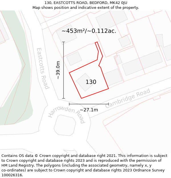 130, EASTCOTTS ROAD, BEDFORD, MK42 0JU: Plot and title map