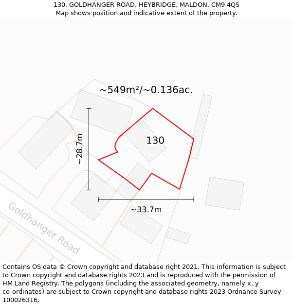 130, GOLDHANGER ROAD, HEYBRIDGE, MALDON, CM9 4QS: Plot and title map