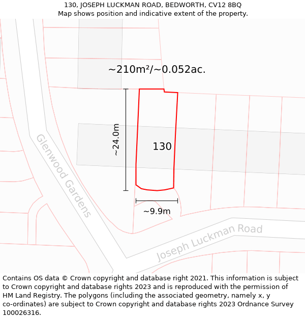 130, JOSEPH LUCKMAN ROAD, BEDWORTH, CV12 8BQ: Plot and title map