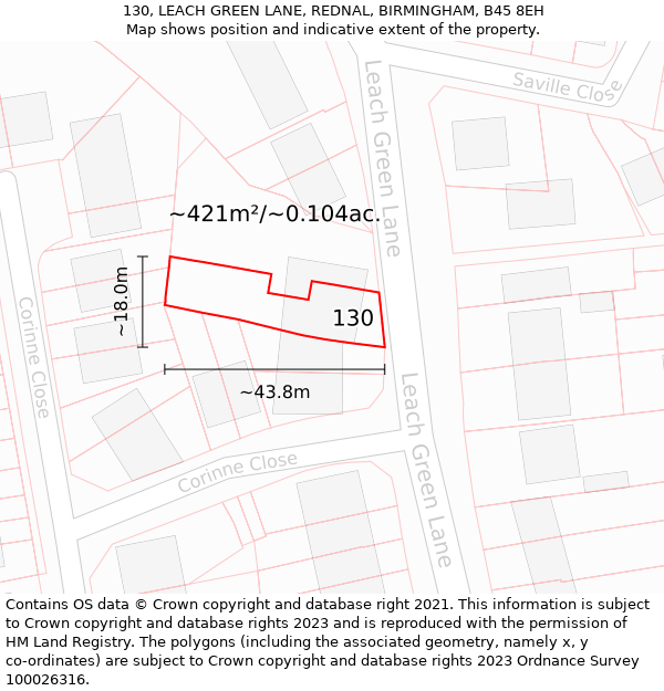 130, LEACH GREEN LANE, REDNAL, BIRMINGHAM, B45 8EH: Plot and title map