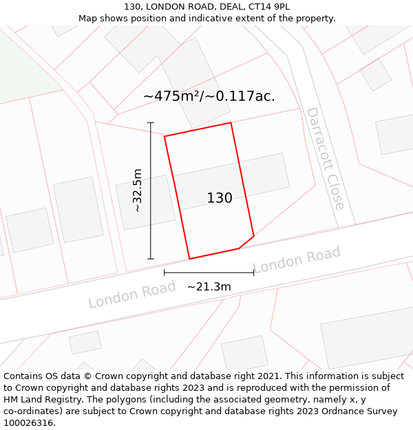 130, LONDON ROAD, DEAL, CT14 9PL: Plot and title map