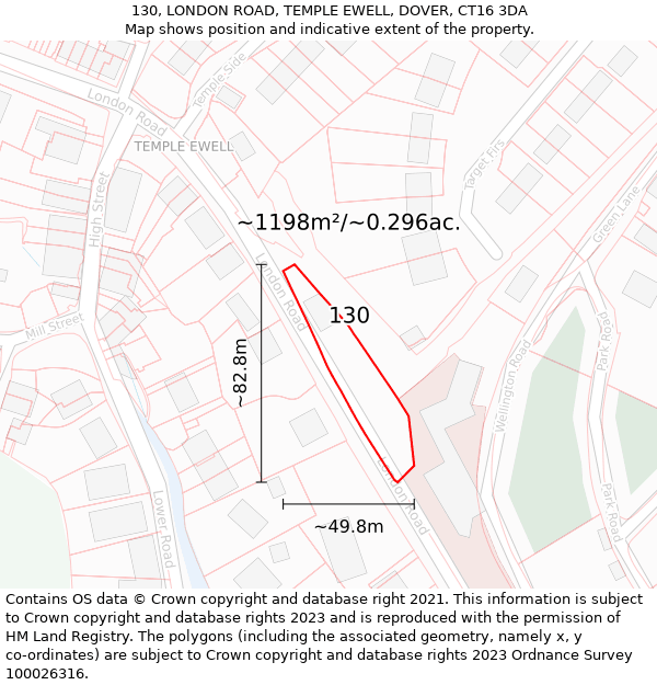 130, LONDON ROAD, TEMPLE EWELL, DOVER, CT16 3DA: Plot and title map