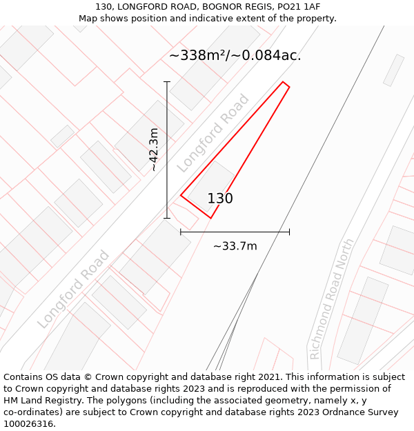 130, LONGFORD ROAD, BOGNOR REGIS, PO21 1AF: Plot and title map