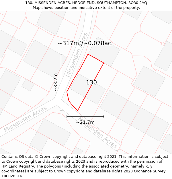 130, MISSENDEN ACRES, HEDGE END, SOUTHAMPTON, SO30 2AQ: Plot and title map