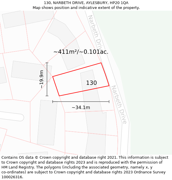 130, NARBETH DRIVE, AYLESBURY, HP20 1QA: Plot and title map