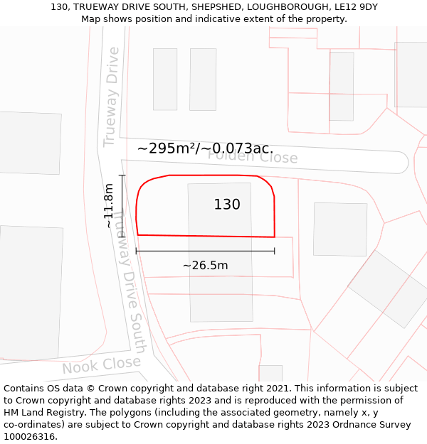 130, TRUEWAY DRIVE SOUTH, SHEPSHED, LOUGHBOROUGH, LE12 9DY: Plot and title map