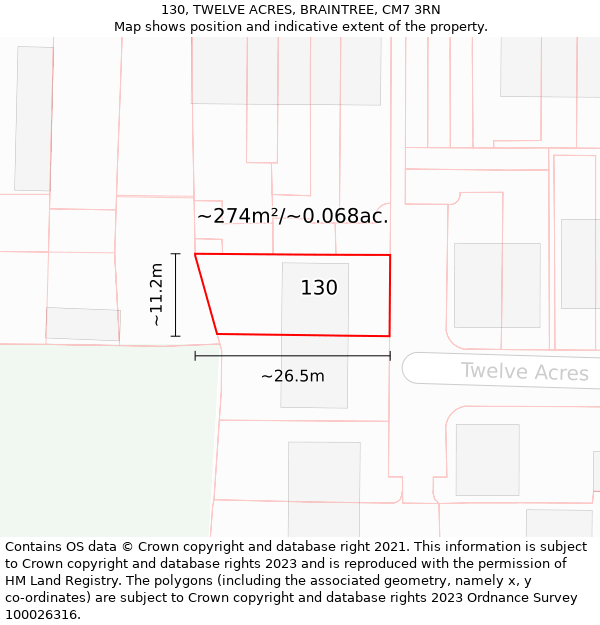 130, TWELVE ACRES, BRAINTREE, CM7 3RN: Plot and title map