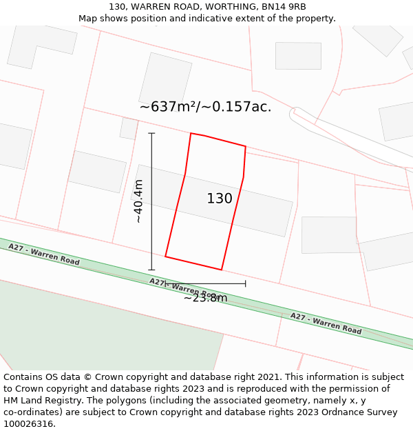 130, WARREN ROAD, WORTHING, BN14 9RB: Plot and title map