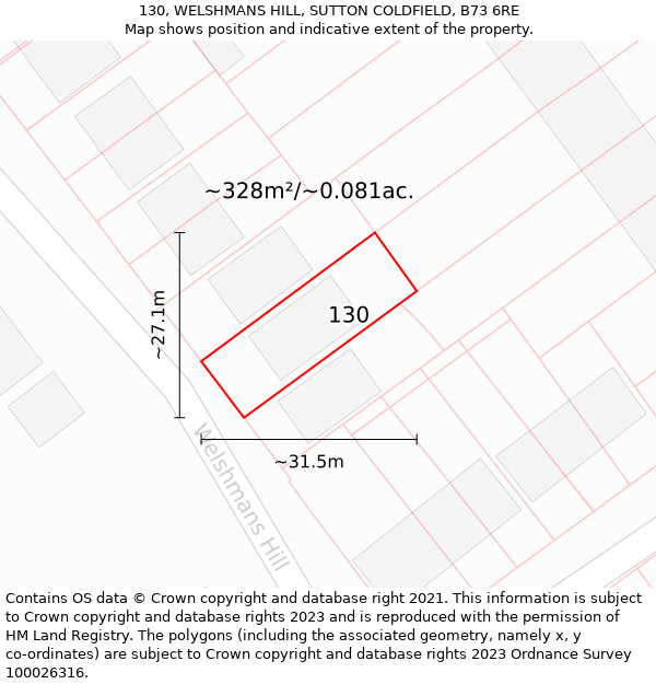 130, WELSHMANS HILL, SUTTON COLDFIELD, B73 6RE: Plot and title map