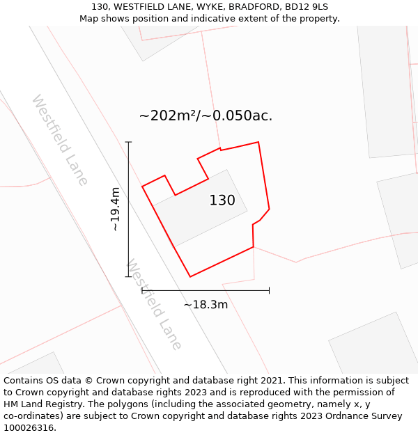 130, WESTFIELD LANE, WYKE, BRADFORD, BD12 9LS: Plot and title map