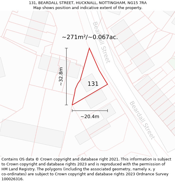 131, BEARDALL STREET, HUCKNALL, NOTTINGHAM, NG15 7RA: Plot and title map