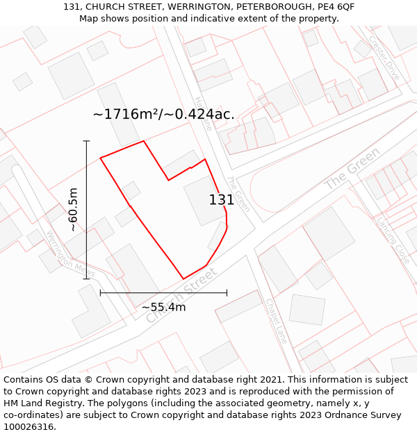 131, CHURCH STREET, WERRINGTON, PETERBOROUGH, PE4 6QF: Plot and title map