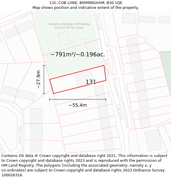 131, COB LANE, BIRMINGHAM, B30 1QE: Plot and title map