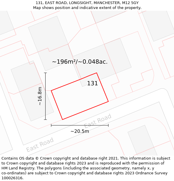 131, EAST ROAD, LONGSIGHT, MANCHESTER, M12 5GY: Plot and title map