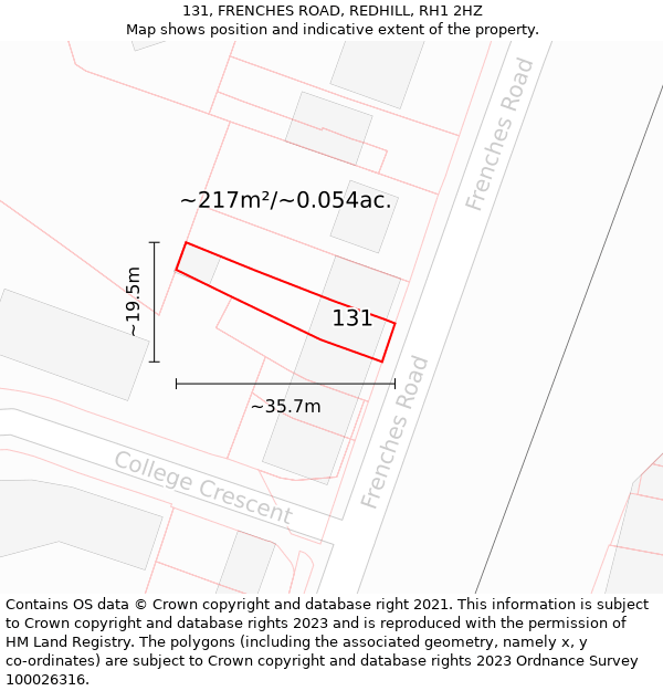 131, FRENCHES ROAD, REDHILL, RH1 2HZ: Plot and title map
