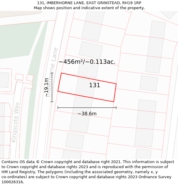 131, IMBERHORNE LANE, EAST GRINSTEAD, RH19 1RP: Plot and title map