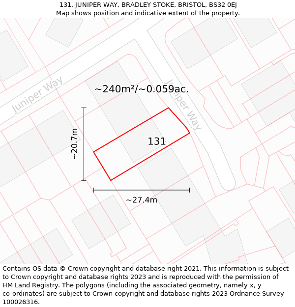 131, JUNIPER WAY, BRADLEY STOKE, BRISTOL, BS32 0EJ: Plot and title map