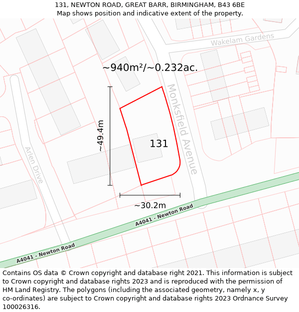 131, NEWTON ROAD, GREAT BARR, BIRMINGHAM, B43 6BE: Plot and title map