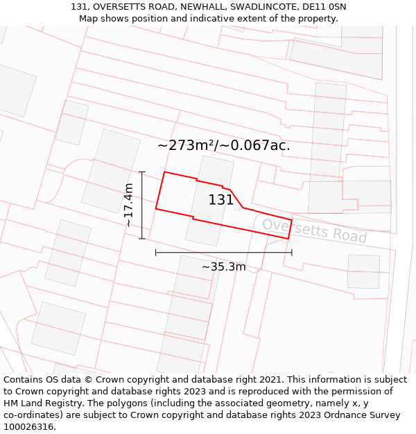 131, OVERSETTS ROAD, NEWHALL, SWADLINCOTE, DE11 0SN: Plot and title map