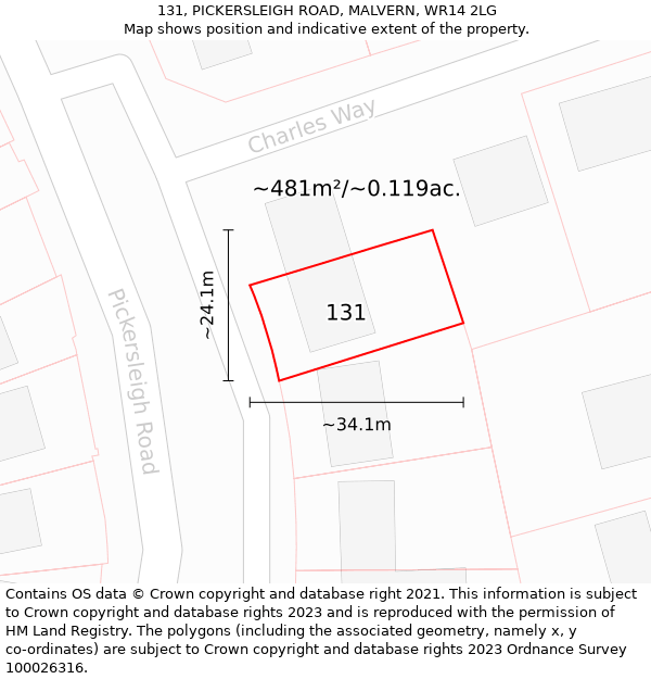 131, PICKERSLEIGH ROAD, MALVERN, WR14 2LG: Plot and title map