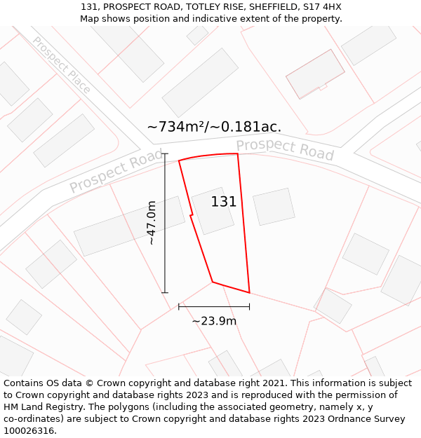 131, PROSPECT ROAD, TOTLEY RISE, SHEFFIELD, S17 4HX: Plot and title map
