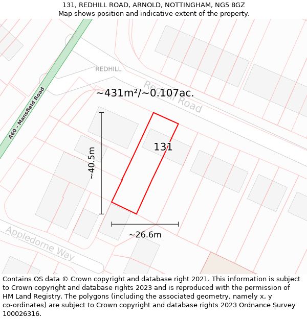 131, REDHILL ROAD, ARNOLD, NOTTINGHAM, NG5 8GZ: Plot and title map