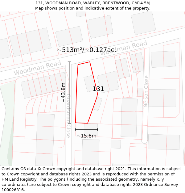 131, WOODMAN ROAD, WARLEY, BRENTWOOD, CM14 5AJ: Plot and title map