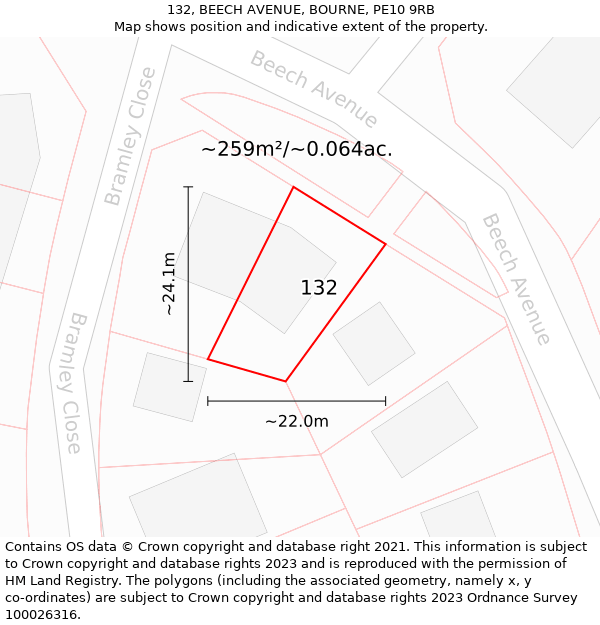132, BEECH AVENUE, BOURNE, PE10 9RB: Plot and title map