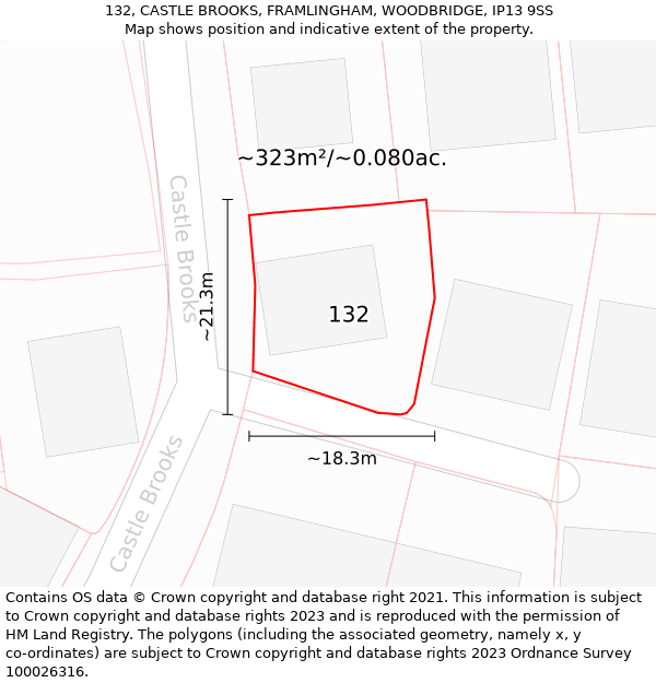 132, CASTLE BROOKS, FRAMLINGHAM, WOODBRIDGE, IP13 9SS: Plot and title map