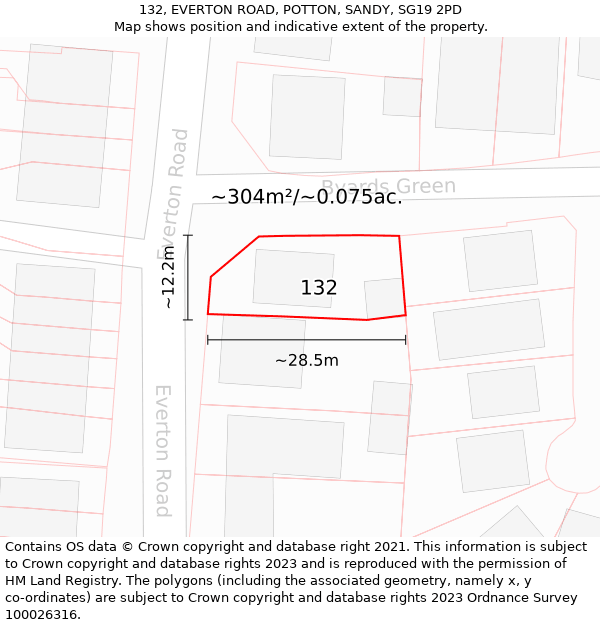 132, EVERTON ROAD, POTTON, SANDY, SG19 2PD: Plot and title map