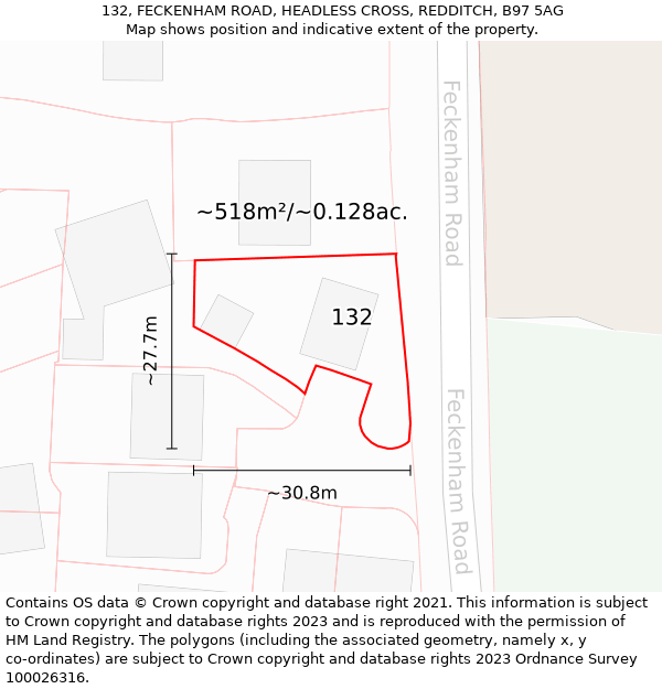 132, FECKENHAM ROAD, HEADLESS CROSS, REDDITCH, B97 5AG: Plot and title map