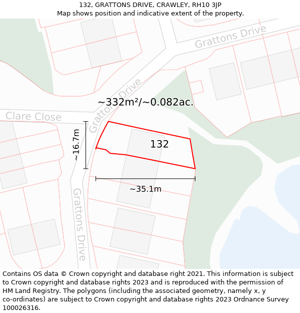 132, GRATTONS DRIVE, CRAWLEY, RH10 3JP: Plot and title map