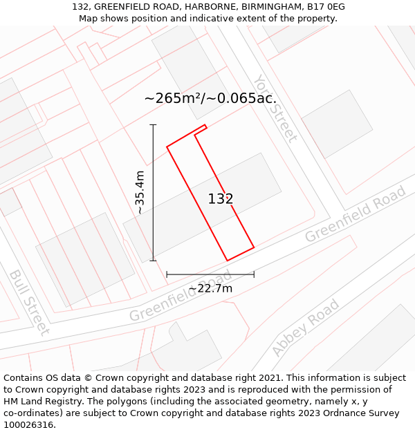 132, GREENFIELD ROAD, HARBORNE, BIRMINGHAM, B17 0EG: Plot and title map