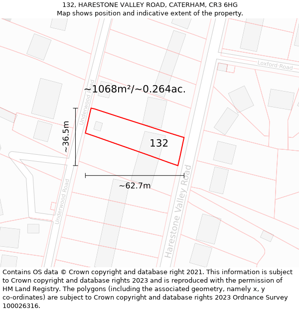 132, HARESTONE VALLEY ROAD, CATERHAM, CR3 6HG: Plot and title map