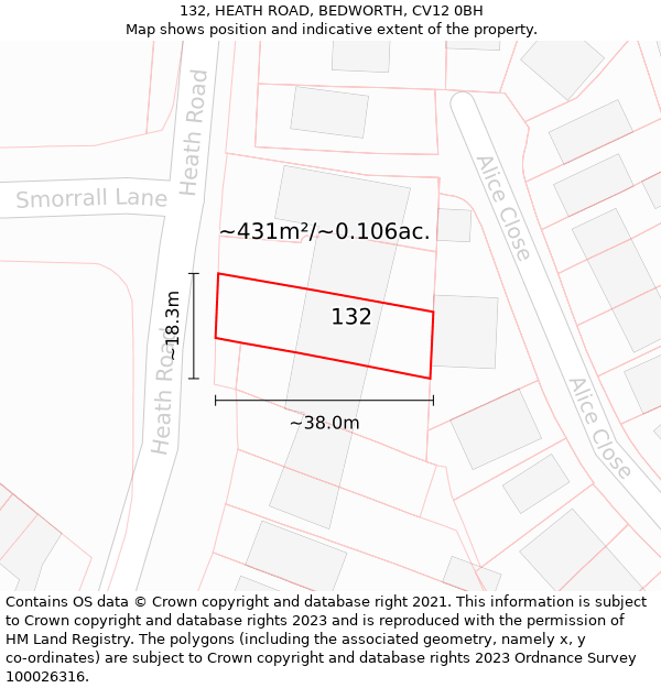 132, HEATH ROAD, BEDWORTH, CV12 0BH: Plot and title map